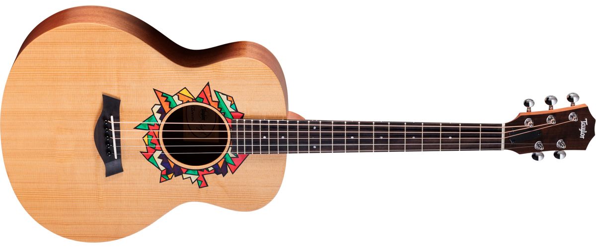 Taylor Jacob Collier GS Mini: featuring a brightly-coloured rosette graphic designed with the musical polymath, this beginner friendly acoustic has a bold five-string design for his signature DAEAD tuning.