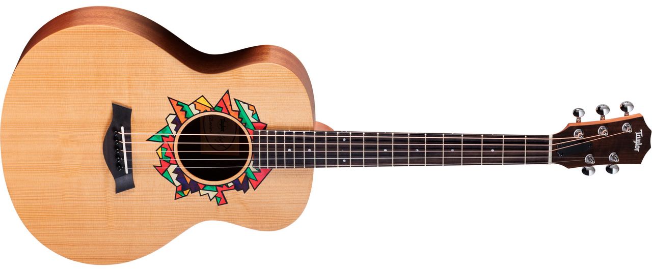 Taylor Jacob Collier GS Mini: featuring a brightly-coloured rosette graphic designed with the musical polymath, this beginner friendly acoustic has a bold five-string design for his signature DAEAD tuning.