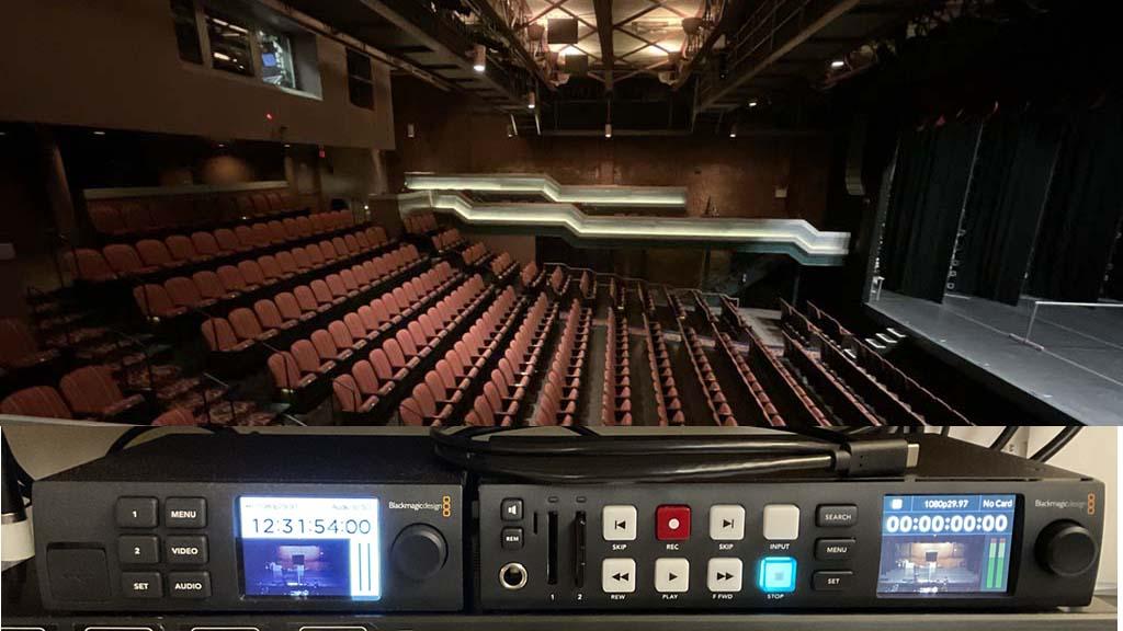 The Joyce Theater (top) uses the Blackmagic Design Teranex Mini Audio to SDI 12G with a Teranex Mini Smart Panel on it (left, bottom) and HyperDeck Studio HD Plus (right, bottom) and other Blackmagic equipment to record an archived version of live dance performances. 