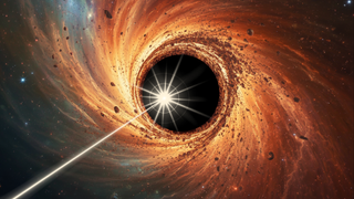 An illustration shows a jet blasting out of a feeding supermassive black hole