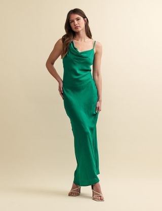 Asymmetric Emerald Green Aggie Maxi Slip Dress