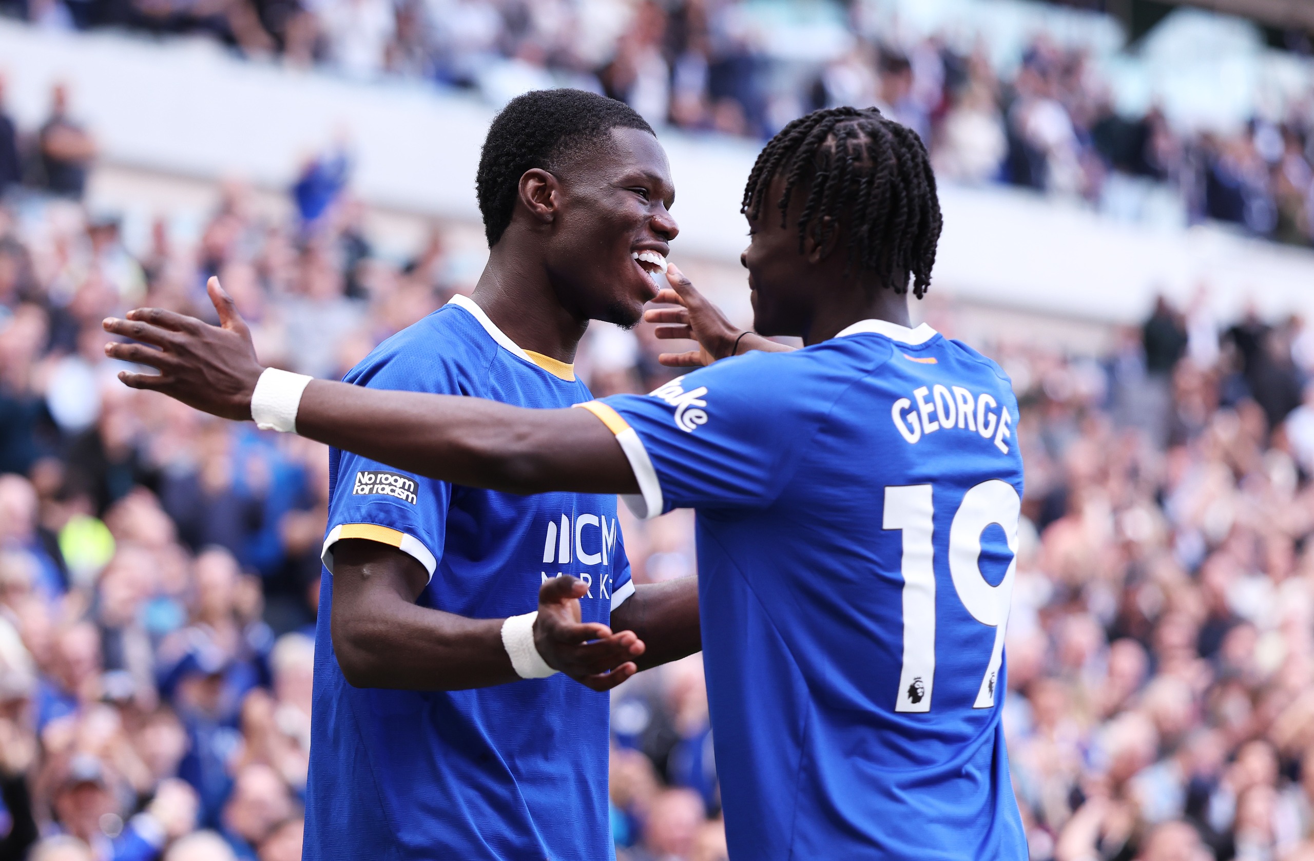 Tyrique George and Everton frontman Thierno Barry