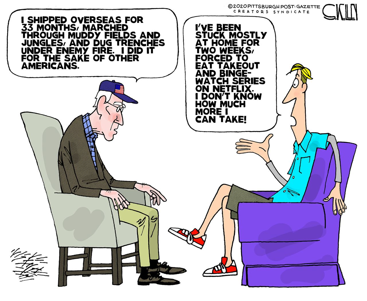 Editorial Cartoon U.S. generational sacrifices world wars Vietnam Millenials binge watching takeout coronavirus