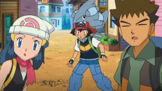 Dawn, Ash and Brock in Pokemon: Diamond and Pearl.