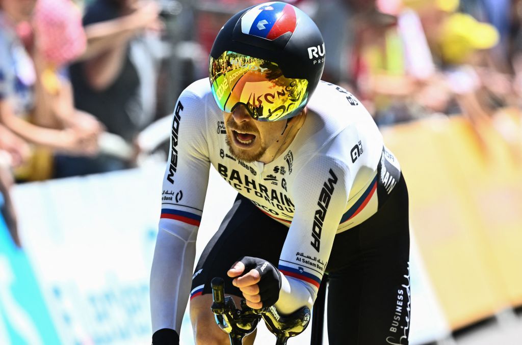 Bahrain Victorious teams Slovenian rider Jan Tratnik cycles to the finish line during the 20th stage of the 109th edition of the Tour de France cycling race 407 km individual time trial between LacapelleMarival and Rocamadour in southwestern France on July 23 2022 Photo by AnneChristine POUJOULAT AFP Photo by ANNECHRISTINE POUJOULATAFP via Getty Images
