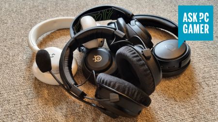 A collection of gaming headsets on a neutral background with the "Ask PCG" logo in the top right corner.