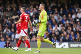 Matz Sels is the Nottingham Forest goalkeeper during the Premier League match between Chelsea and Nottingham Forest at Stamford Bridge in London, England, on October 6, 2024. (Photo by MI News/NurPhoto via Getty Images)