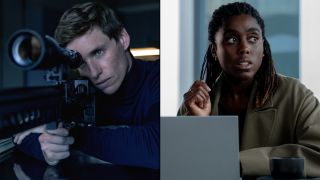 Eddie Redmayne takes aim with a sniper rifle, while Lashana Lynch anxiously looks over to the side while sitting at a computer in The Day of the Jackal.