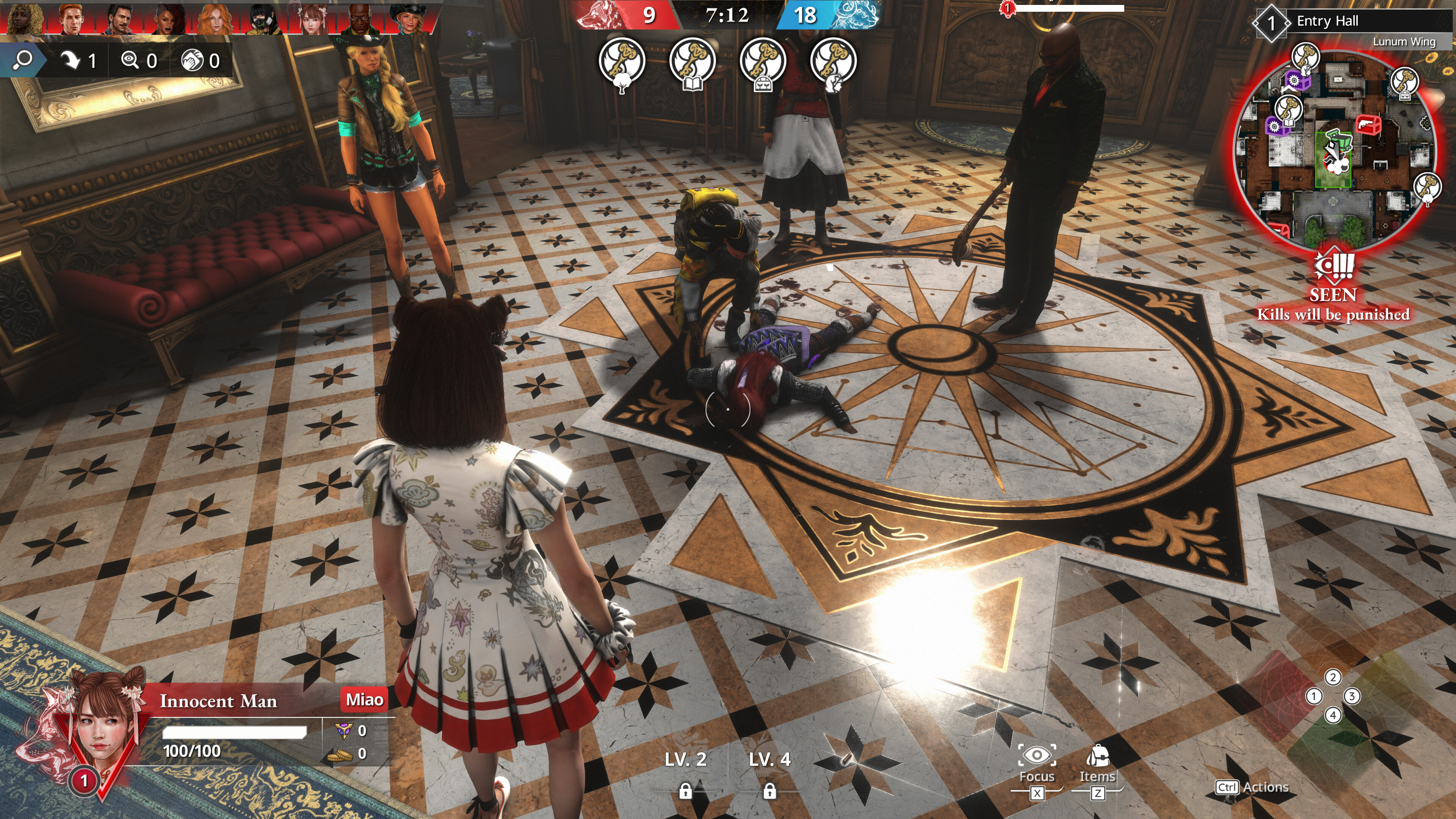 Killer Inn screenshot showing players crowded around a murdered player's body, with one person investigating the corpse for clues