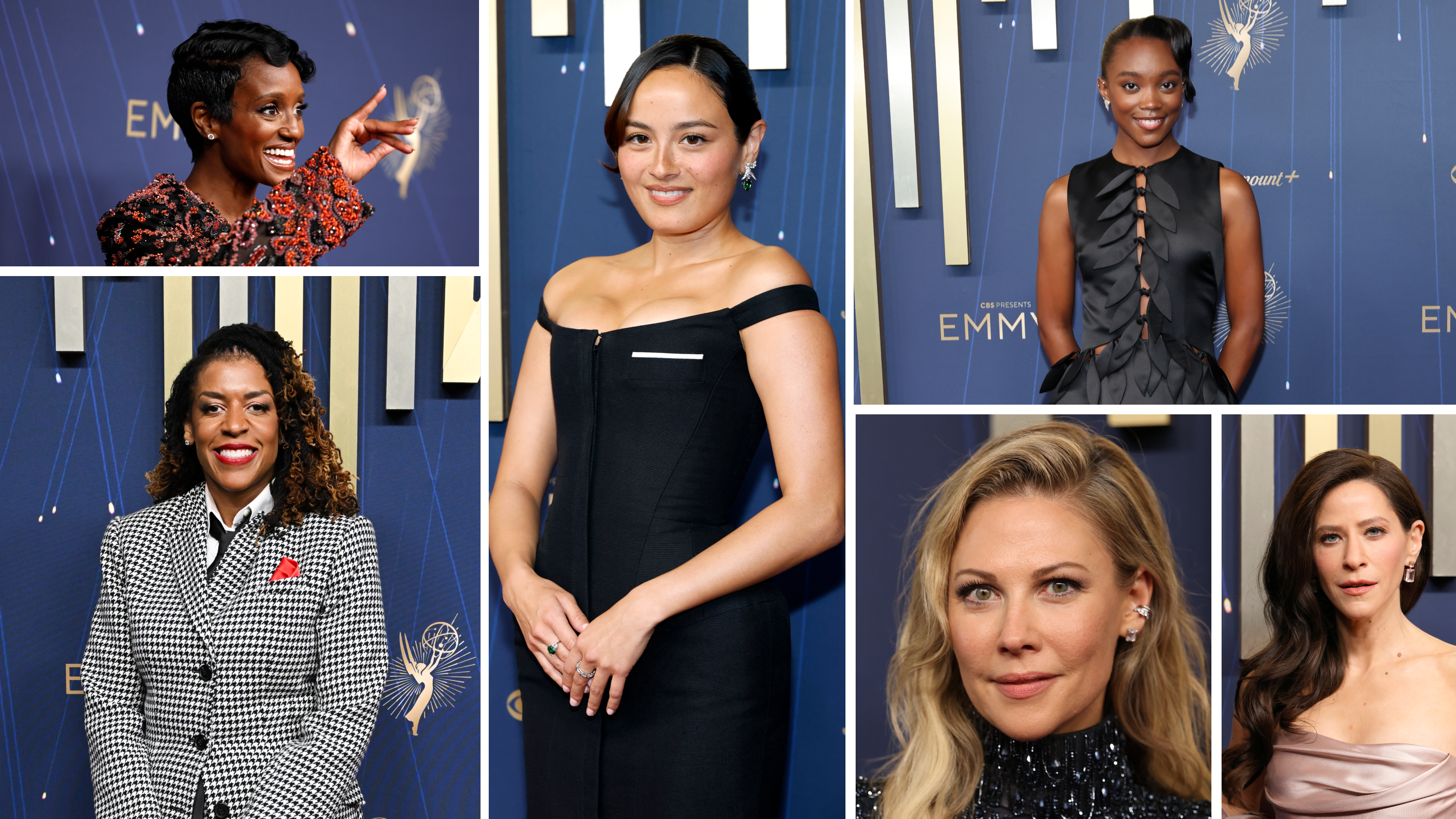 Various actresses at the 2025 Emmys with side part hairstyles
