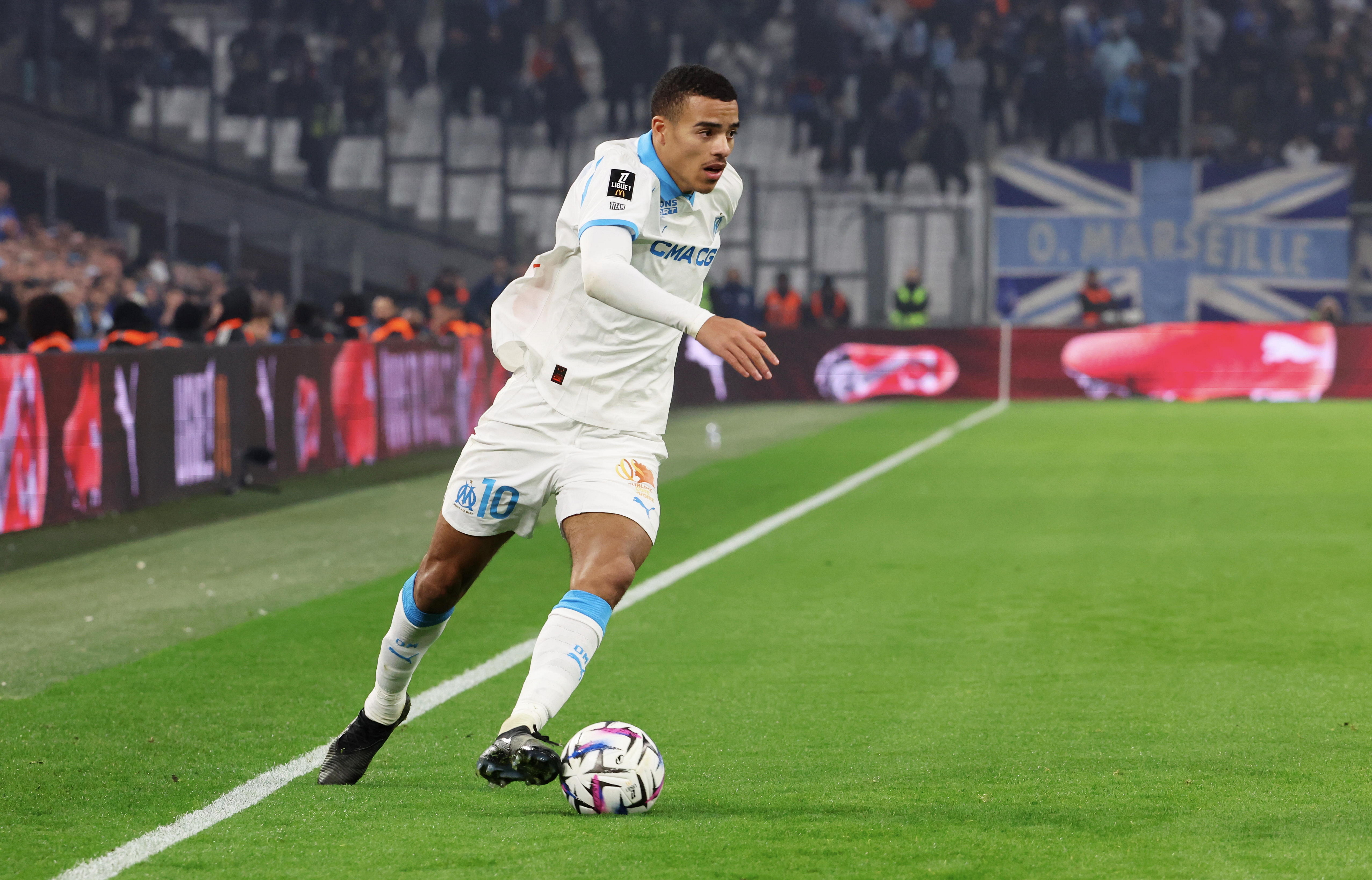 MARSEILLE, FRANCE - DECEMBER 14: Mason Greenwood #10 of Olympique de Marseille in action during the Ligue 1 McDonald&amp;amp;apos;s match between Olympique de Marseille and AS Monaco at Stade Velodrome on December 14, 2025 in Marseille, France. (Photo by Xavier Laine/Getty Images)