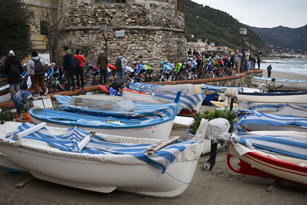 LAIGUEGLIA ITALY FEBRUARY 28 A general view of the peloton prior to to the 61st Trofeo Laigueglia 2024 a 202km one day race from Laiguegli to Laigueglia on February 28 2024 in Laigueglia Italy Photo by Dario BelingheriGetty Images