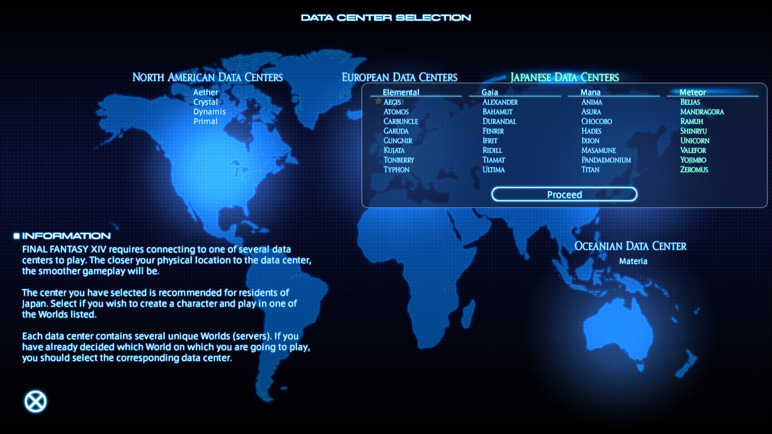 A list of the available data centers and servers on Final Fantasy 14.