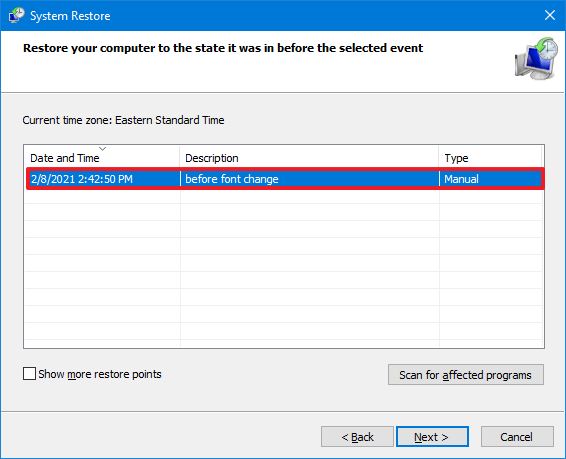 Restore point to bring back default font on Windows 10