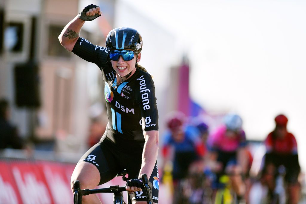 OETINGEN BELGIUM MARCH 09 Lorena Wiebes of Netherlands and Team DSM celebrates winning during the 2nd GP Oetingen 2022 Womens Elite a 130km one day race from Oetingen to Oetingen gpoetingen on March 09 2022 in Oetingen Belgium Photo by Luc ClaessenGetty Images