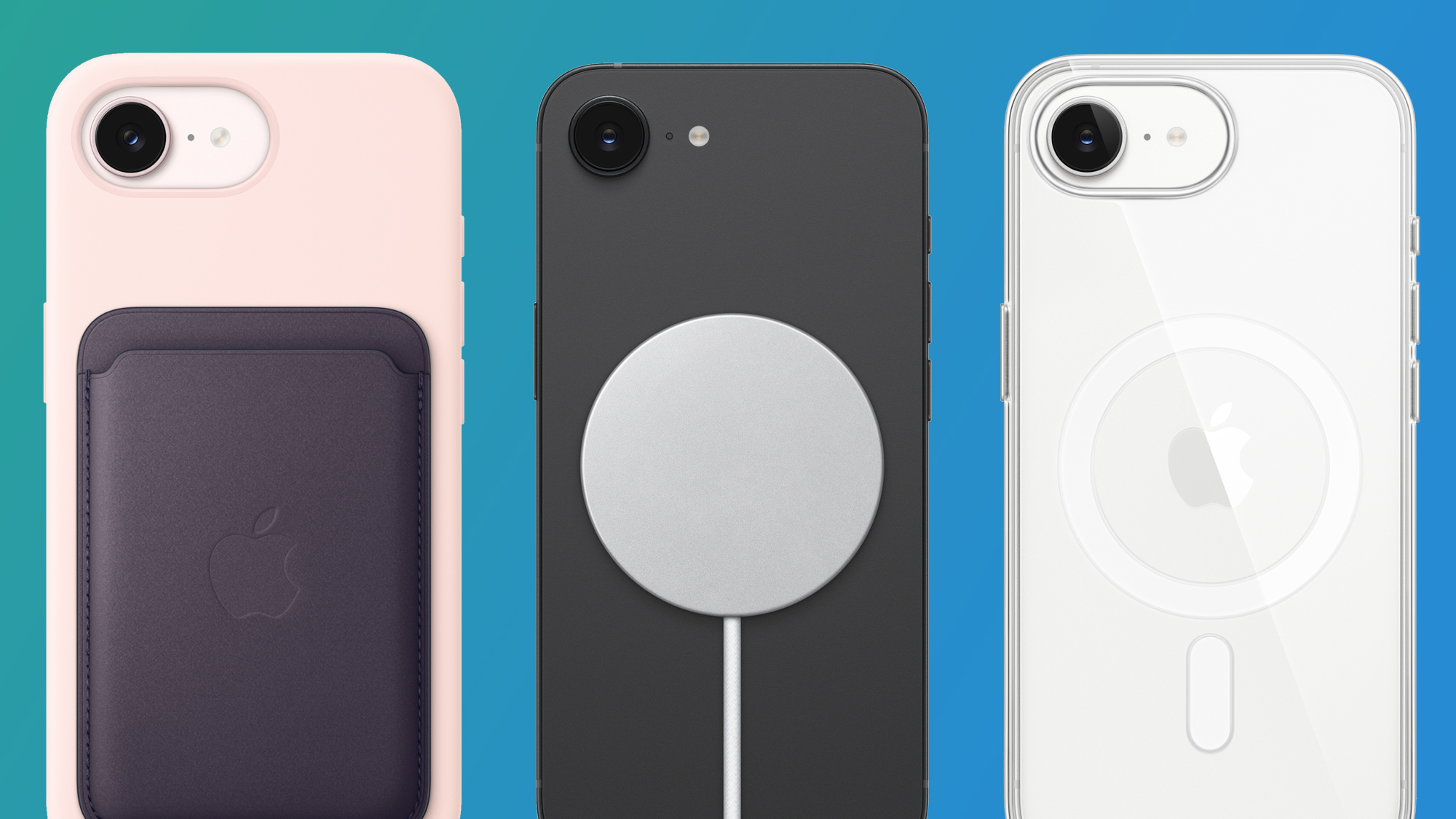 Three iPhone 17 phones on a green and blue background