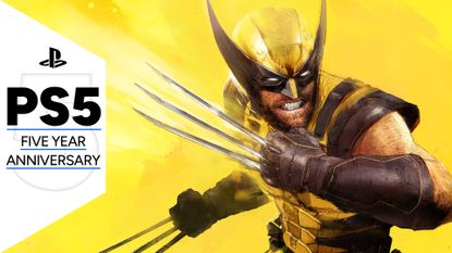 Key art for Marvel's Wolverine, with Logan on the right hand side - his claws are out against a yellow background, with a GamesRadar+ frame that says 'PS5: Five Year Anniversary'