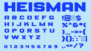 Dark blue text displaying the decorative font Heisman on a light blue background.