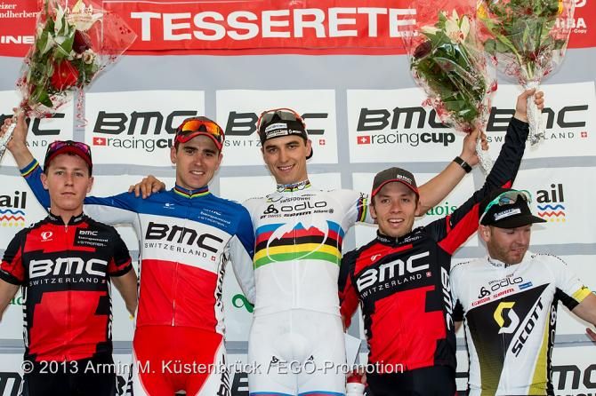 Elite men's podium in Lugano: Matthis Stirnemann, Julien Absalon, Nino Schurter, Martin Fanger, Florian Vogel