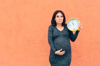 A young pregnant woman is lifting her dress and is showing her belly Stock  Photo - Alamy