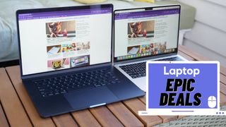 Best MacBook deals 15 and 13-inch M3 MacBook Air side by side on a wooden table outdoors