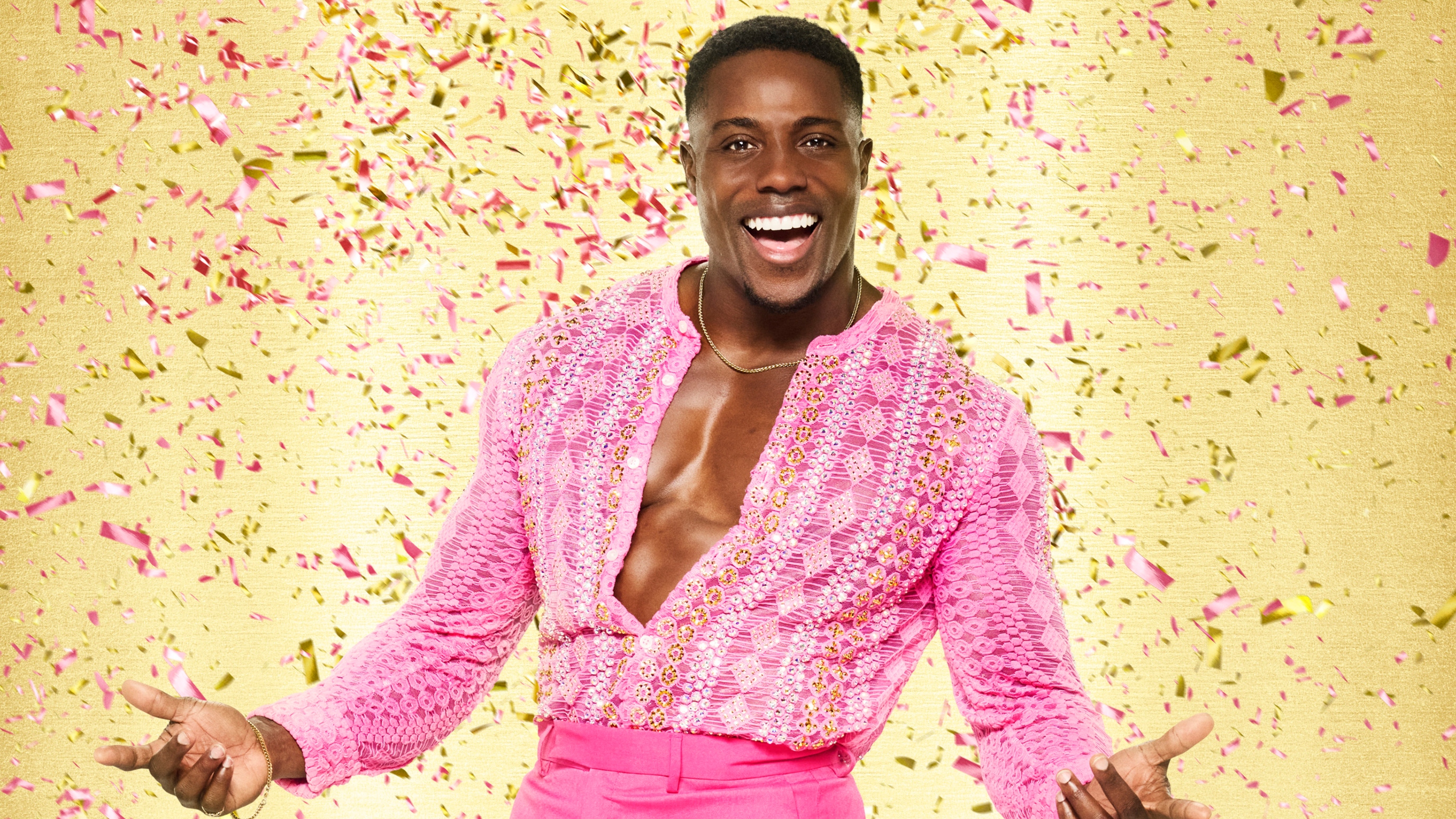 Strictly Come Dancing 2025 -Harry Aikines-Aryeetey in a pink sequinned outfit with confetti falling around him.