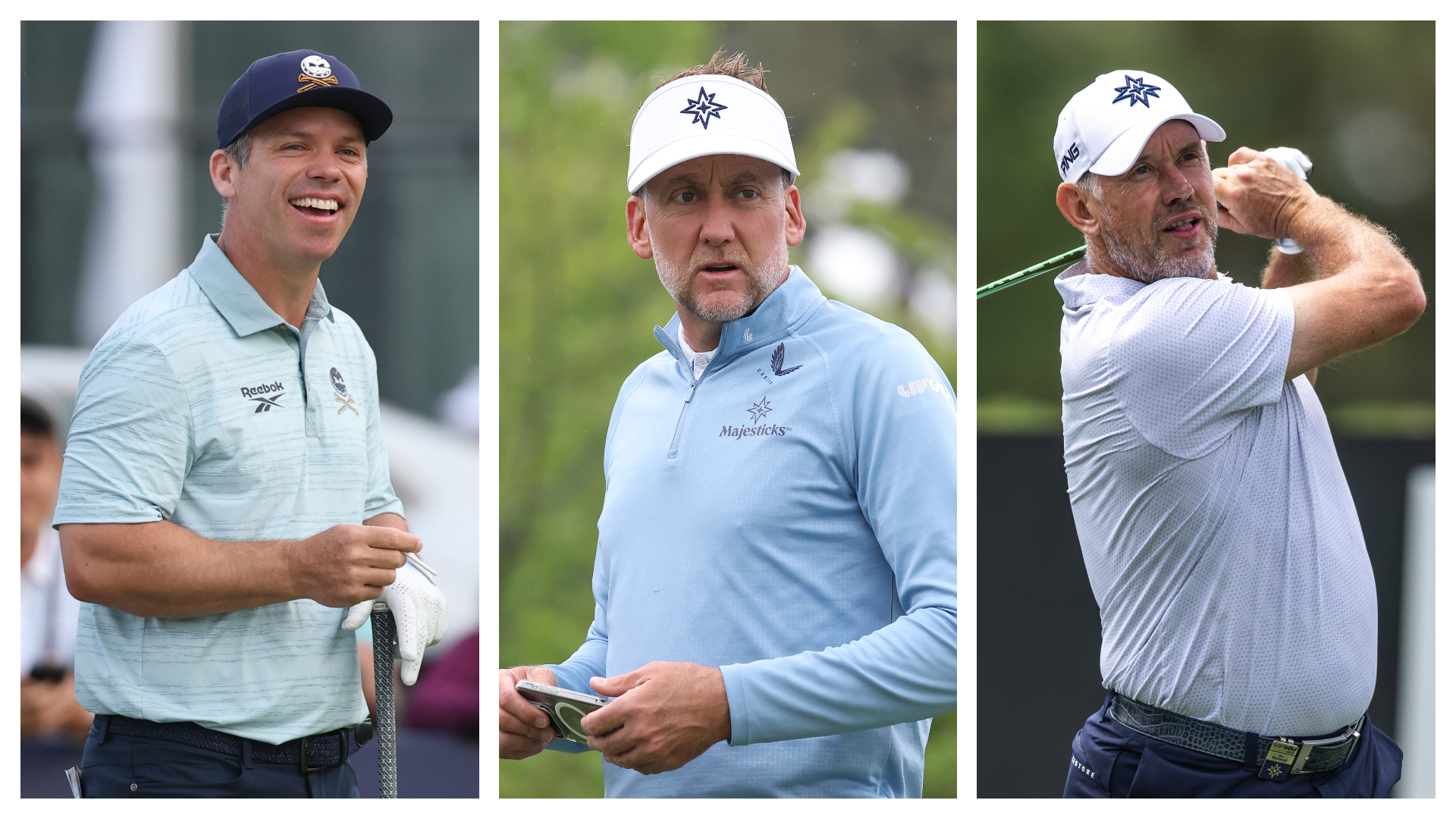 Paul Casey, Ian Poulter and Lee Westwood holding his pose after hitting a shot