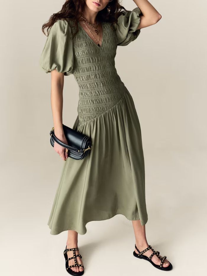 M&S Textured V-Neck Puff Sleeve Midaxi Shirred Dress