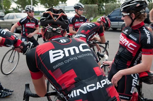 BMC-Hincapie Sportswear Development Team riders await the start of a training ride at their Bahamas pre-season camp