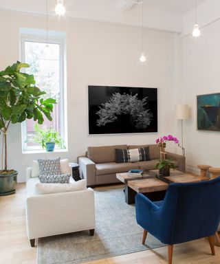 living room with indoor tree