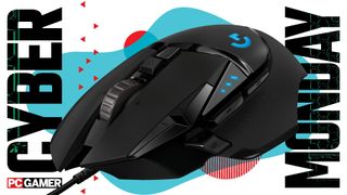 A Logitech gaming mouse on a blue and red deals background, with Cyber Monday text either side