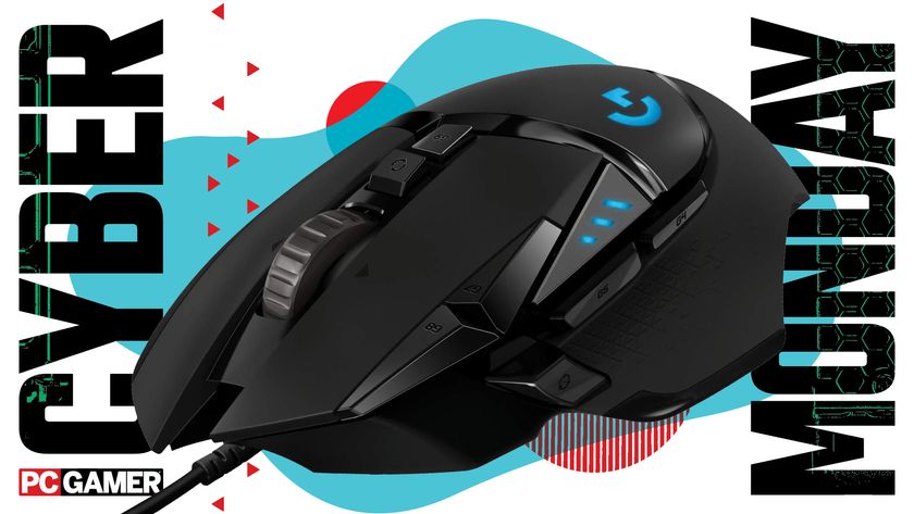 A Logitech gaming mouse on a blue and red deals background, with Cyber Monday text either side