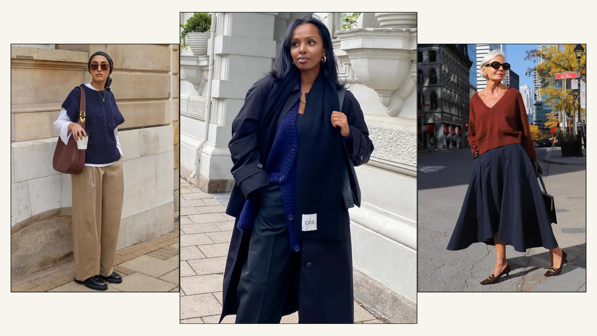 Three different outfits incorporating navy blue