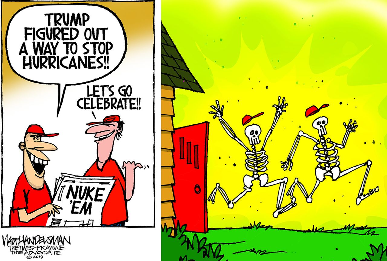 Political Cartoon U.S. Trump Nuke Hurricanes Dorian MAGA