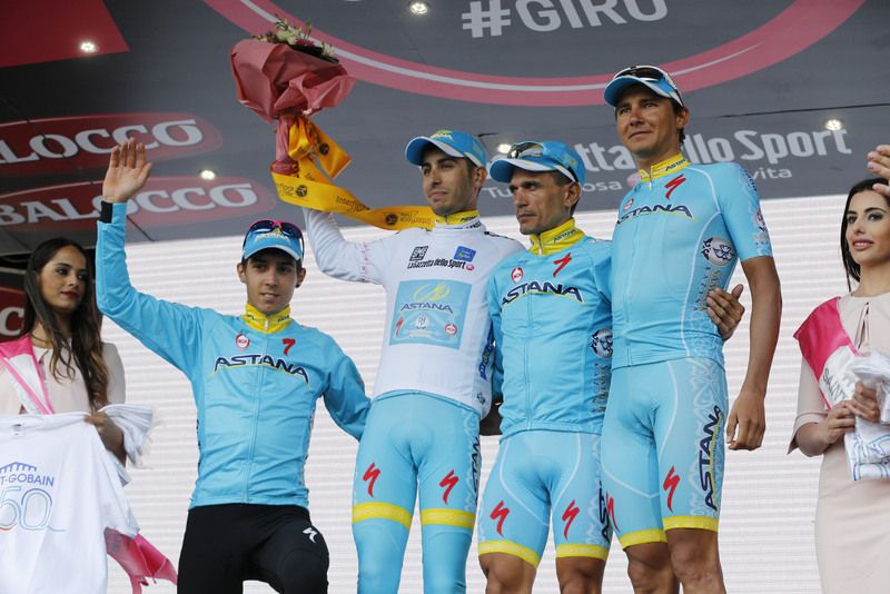 The Astana team on the podium