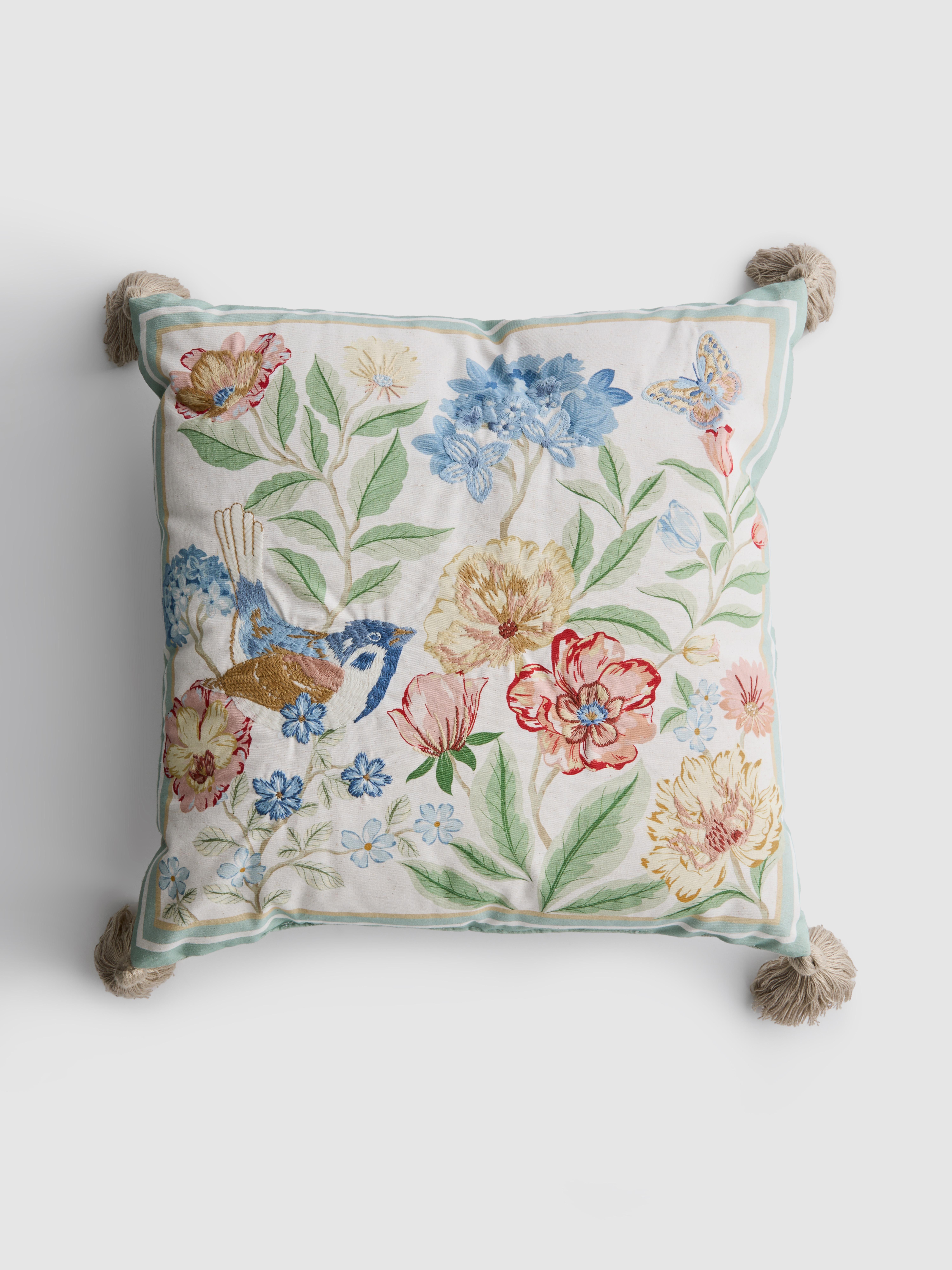 Embroidered Square Cushion With Tassels