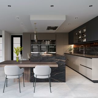 Modern kitchen with two level wood and stone island