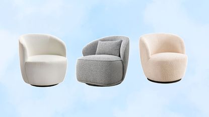 Three Swivel bouclé chairs on a baby blue cloudy background
