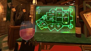 A green map in I Expect You to Die 2, behind a glass of red wine