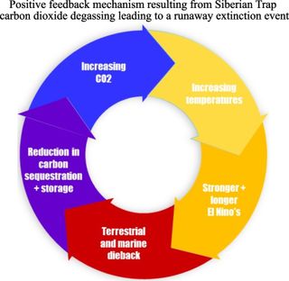 A circular chart showing the positive feedback loop between temperature, CO2, El Ninos, and animal extinction.