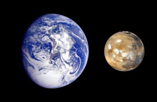 NASA's Jet Propulsion Laboratory created this composite image of Earth and Mars. These are their relative sizes, not their actual distance apart: NASA's InSight Mars Lander will have traveled over six months to reach the Red Planet from Earth.