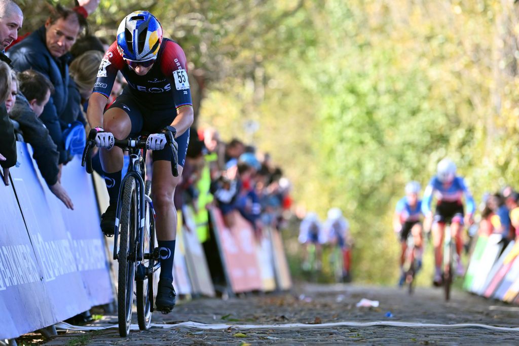 MAARKEDAL BELGIUM NOVEMBER 01 Pauline FerrandPrevot of France and Team INEOS Grenadiers crosses the finish line during the 33rd Trofee Oudenaarde Koppenbergcross 2022 Womens Elite on November 01 2022 in Maarkedal Belgium Photo by Luc ClaessenGetty Images