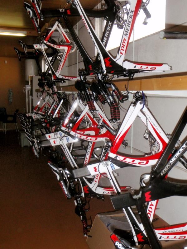 Time trial bikes are hung neatly on the bottom floor of the Service Course.