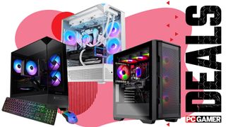 Three gaming PCs on a custom PC Gamer 'deals' background.