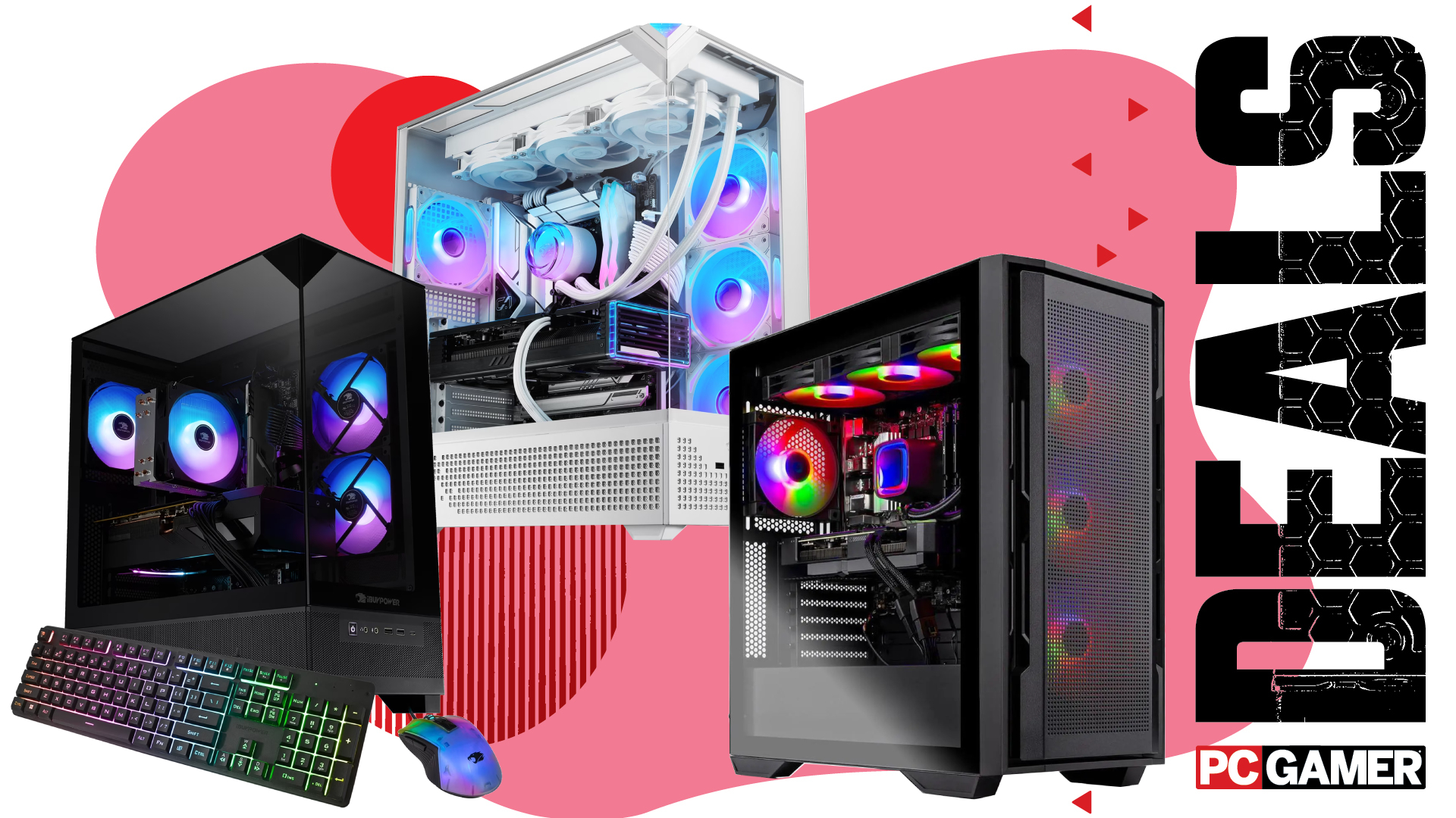 Three gaming PCs on a custom PC Gamer 'deals' background.