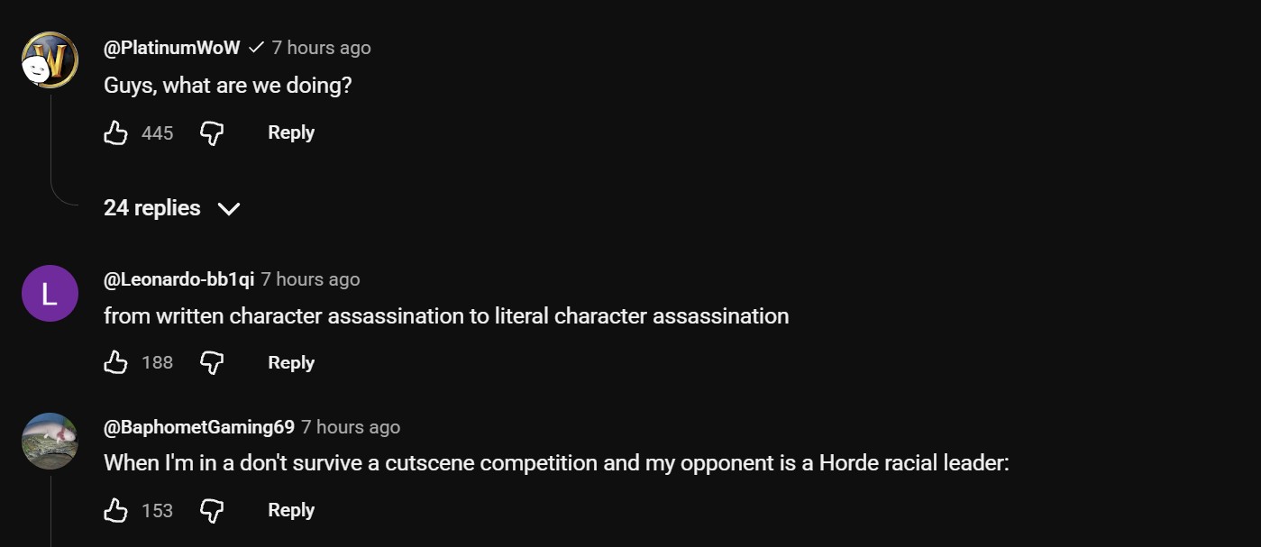YouTube comments reacting negatively to the latest WoW story beats