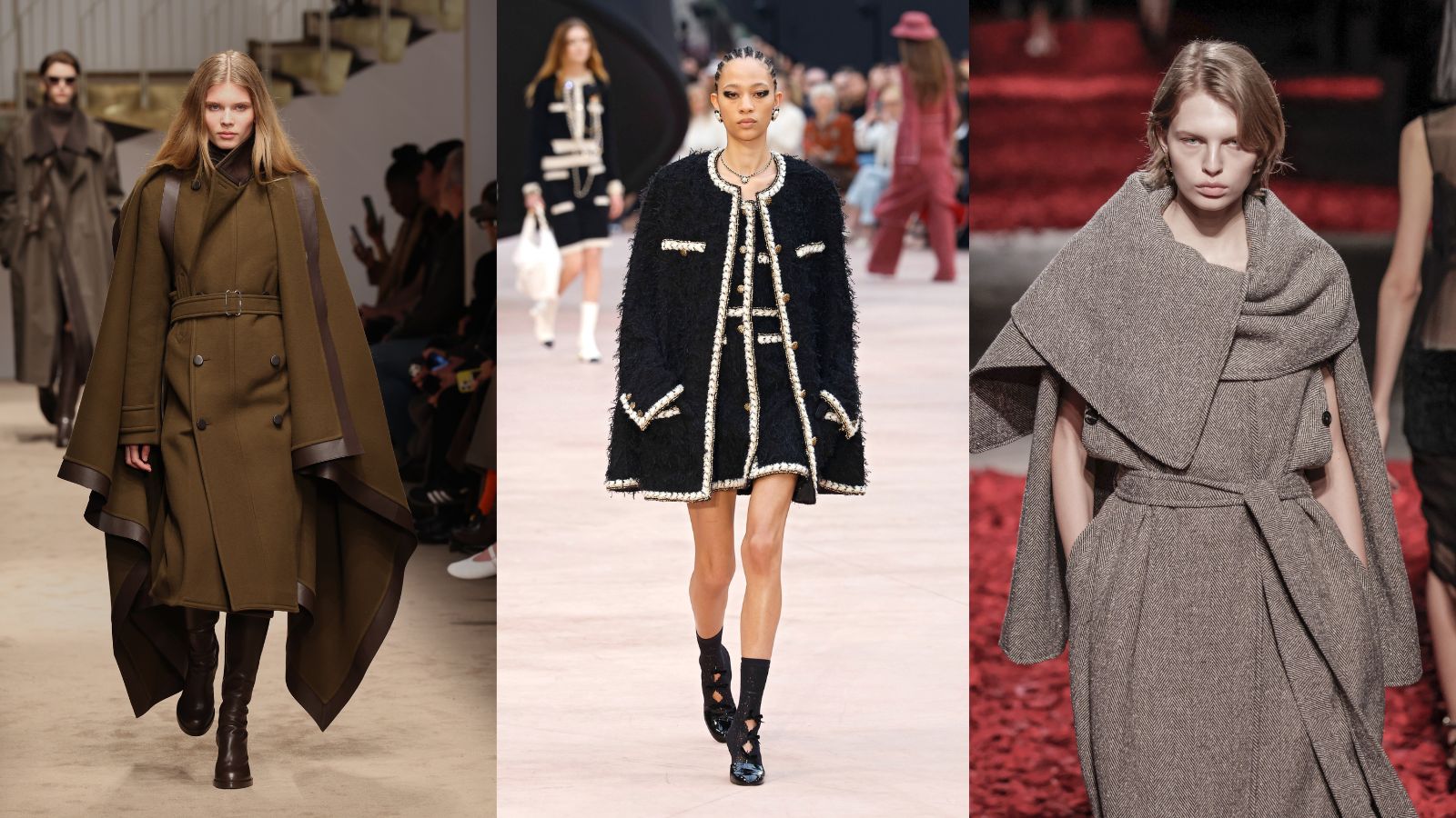 3 models of the catwalk wearing coats