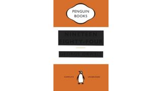 Orange white and black book cover, nineteen eighty-four book