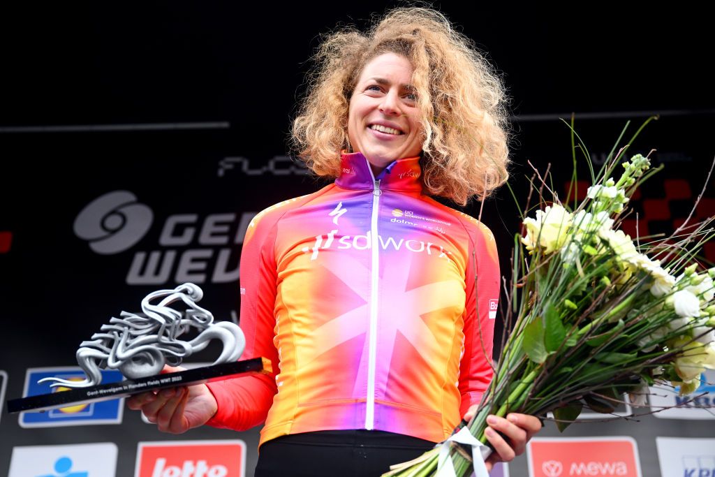 WEVELGEM BELGIUM MARCH 26 Marlen Reusser of Switzerland and Team SD Worx celebrates at podium as race winner during the 12th GentWevelgem In Flanders Fields 2023 Womens Elite a 1625km one day race from Ypres to Wevelgem UCIWWT on March 26 2023 in Wevelgem Belgium Photo by Luc ClaessenGetty Images