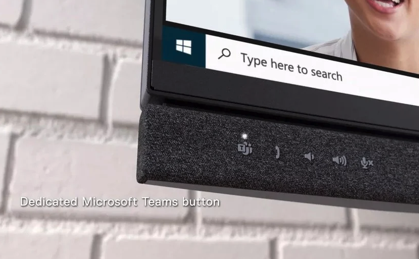 A close up of the Microsoft Teams button on Dell&amp;#039;s new Video Conferencing Monitor